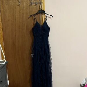 Blue Ruffled Tiered Spaghetti Strap Prom Gown